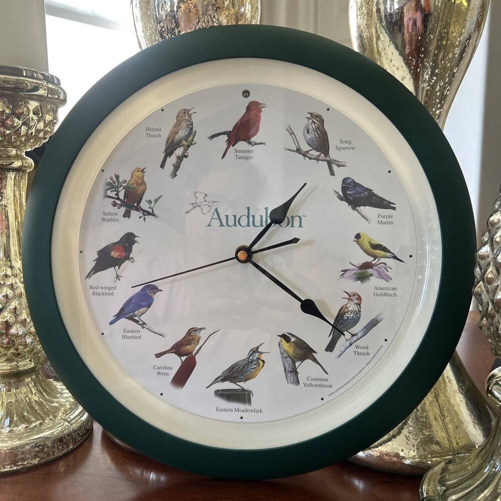VTG Audubon Bird Clock Singing Sounds National Society 13 1/4" Wall Green WORKS! - Picture 3 of 12